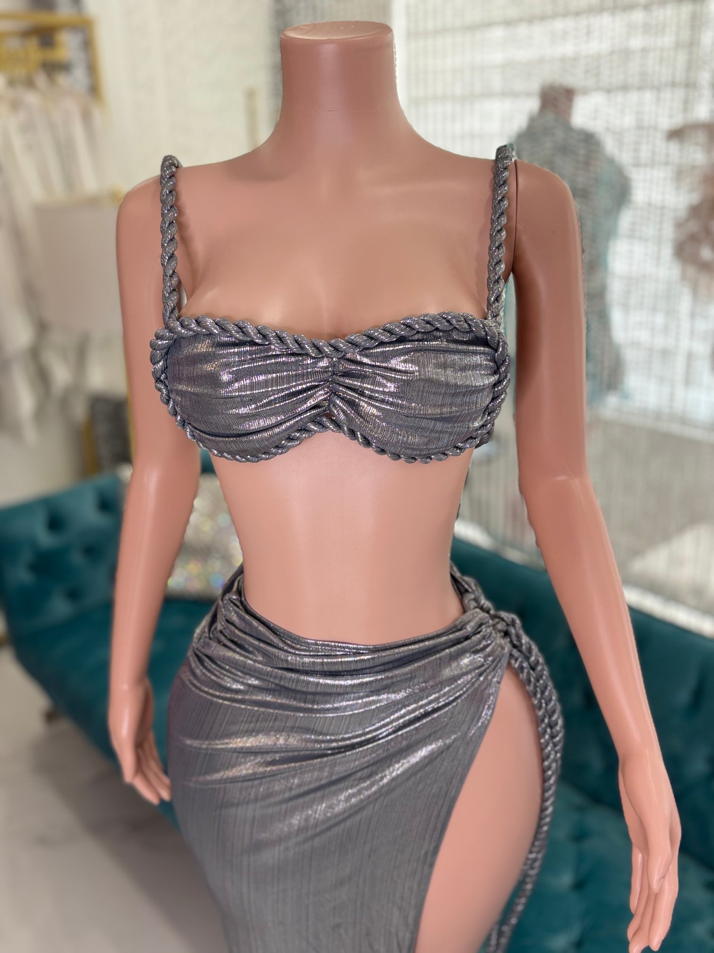 Ruched Metallic Skirt Set Silver