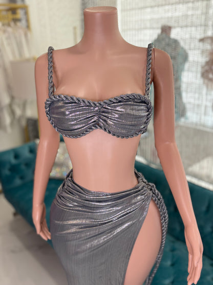 Ruched Metallic Skirt Set Silver