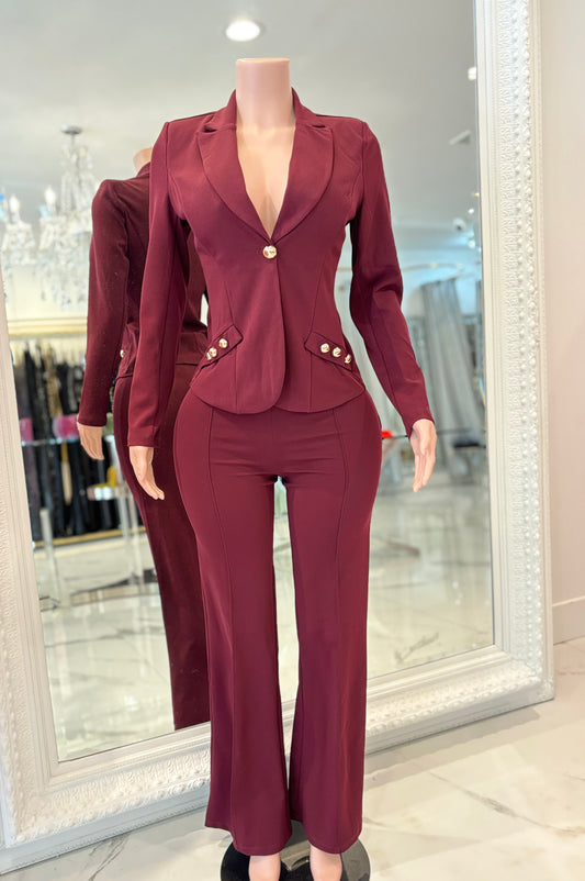 Boss Lady Button Detail Pants Set rojo vino