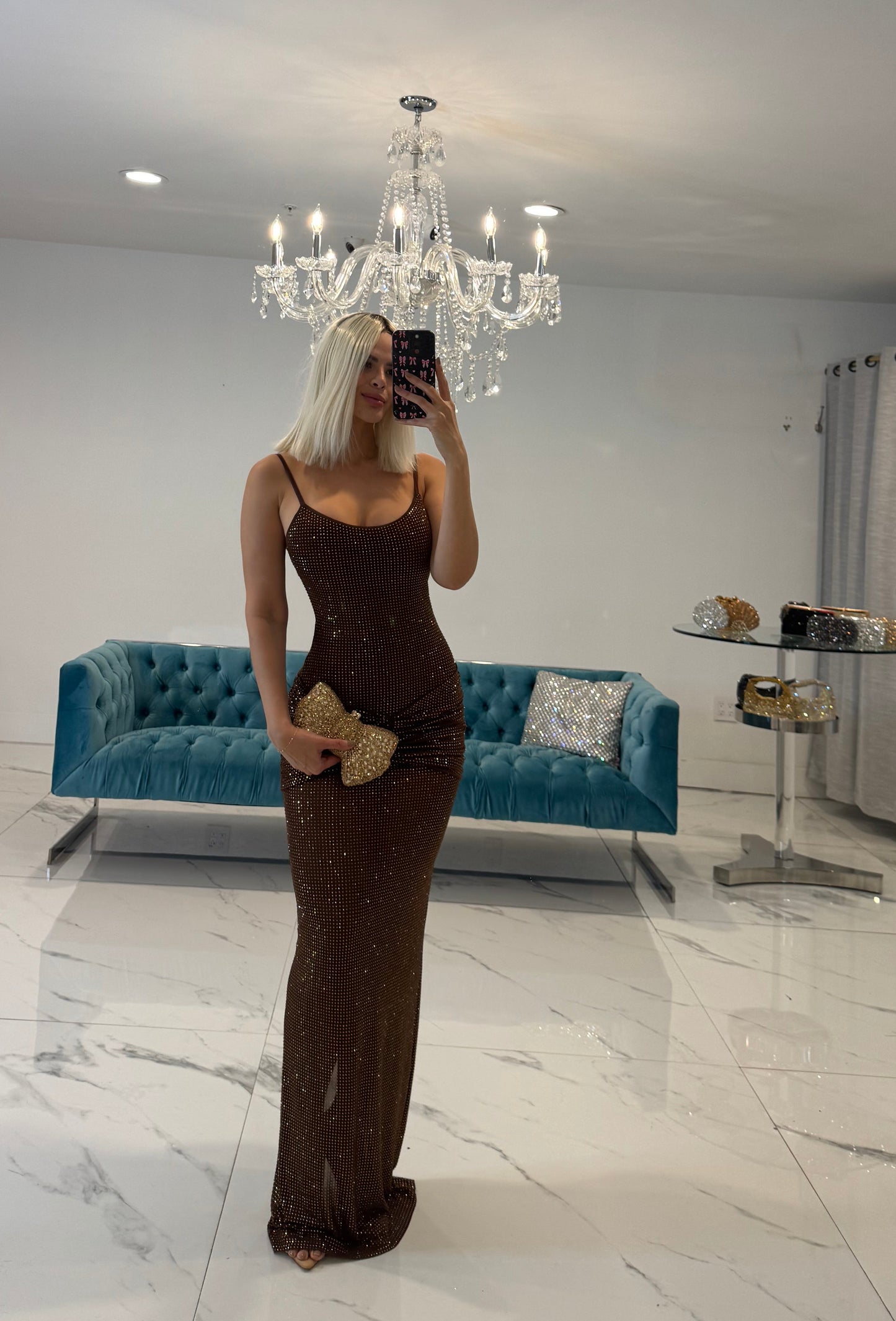 Goddess Sway Rhinestones Ruched Maxi Dress Brown