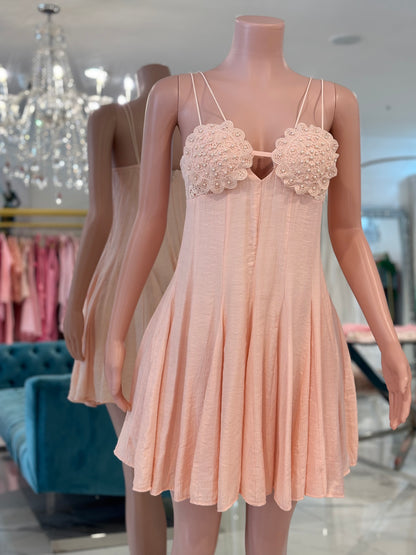 Conchas Lace Pearls Mini Dress Pink