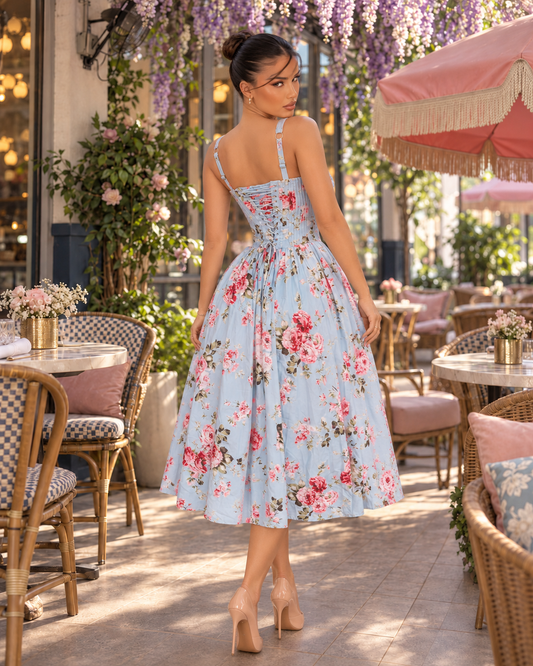 The Rosette Charm Floral Midi Dress Blue