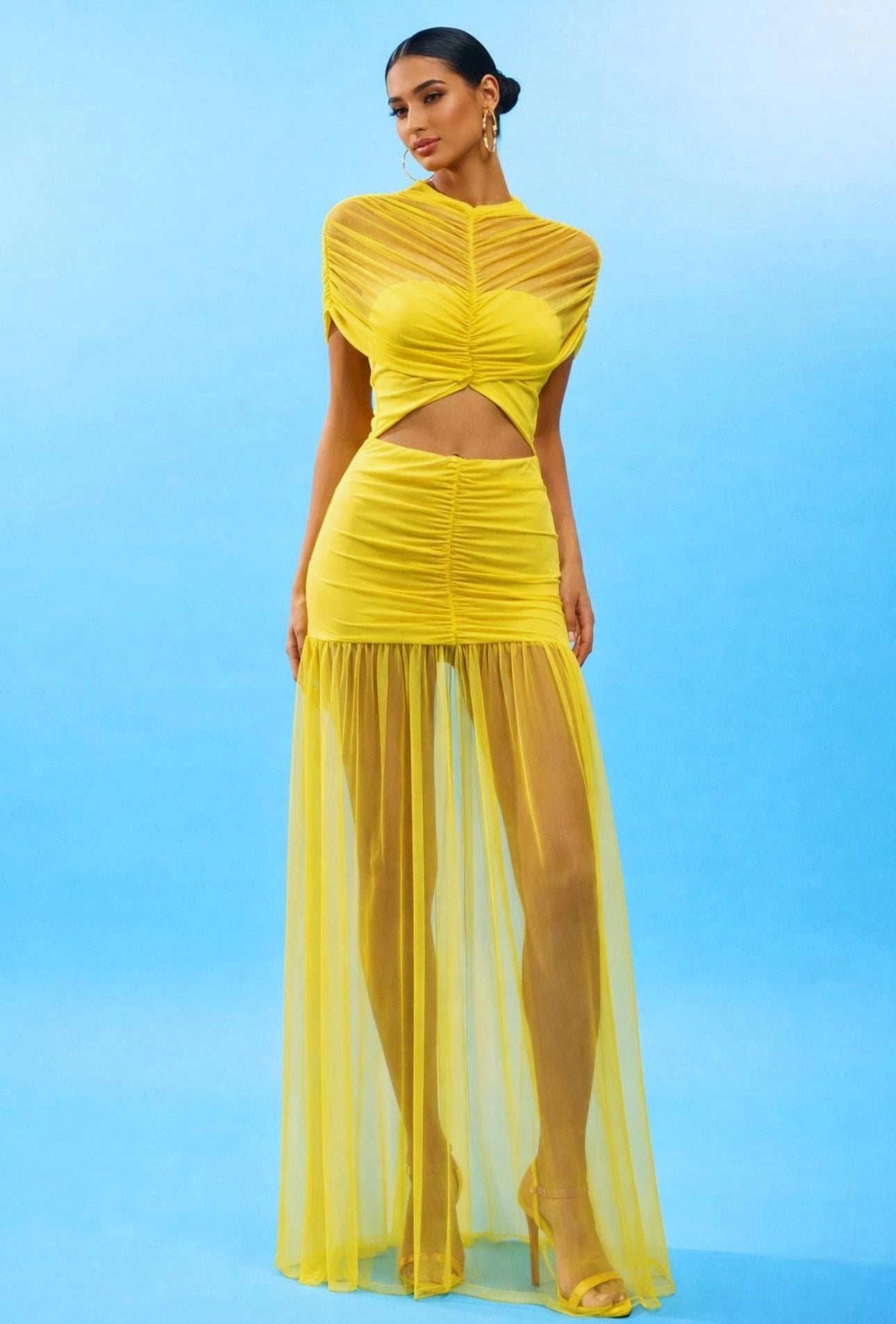 Pretty Ruched Mesh Maxi Dress Amarrillo