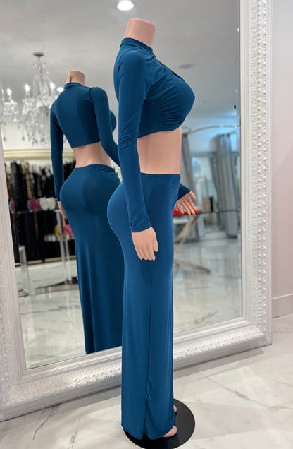 Velouris Drape Ruched Skirt Set Blue