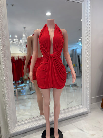 Braid of Desire Ruched Mini Dress Red