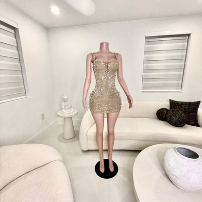 Queen Rhinestones Mini Dress Nude