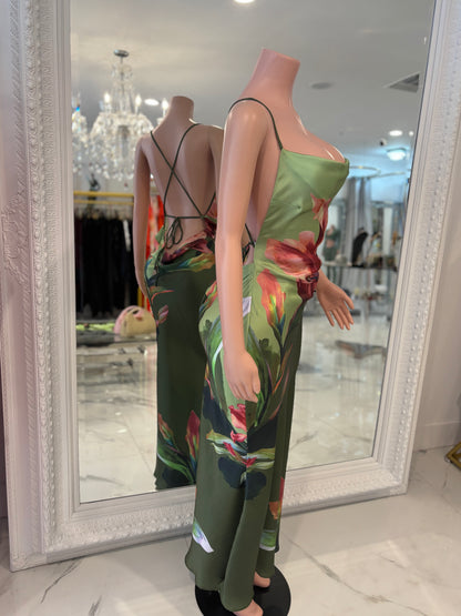 Poetica Love Floral Satin Maxi Dress Green