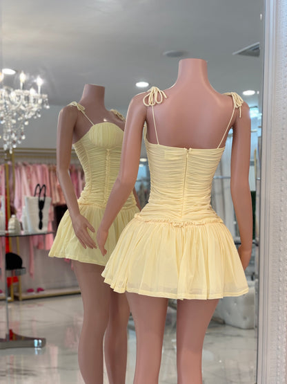 Royi Ruched Mesh Mini Dress Yellow