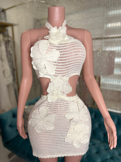 Lune Blanche Floral Crochet Mini Dress White
