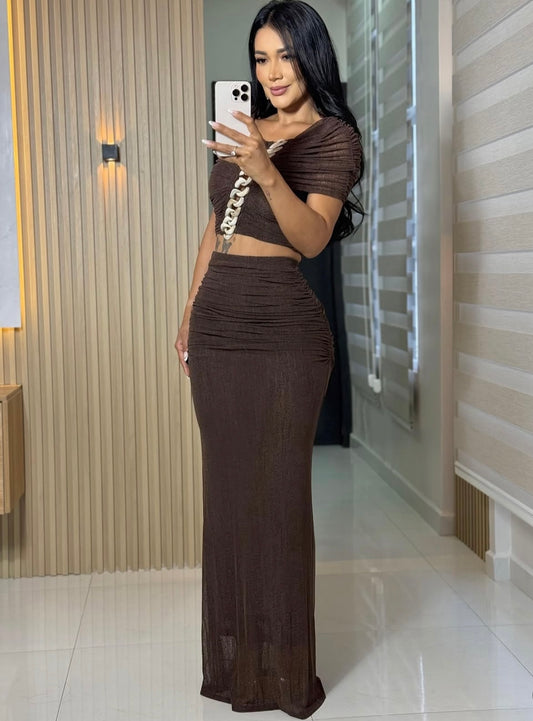Linked Desire Mesh Ruched Skirt Set Brown