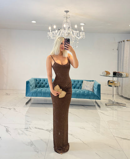 Goddess Sway Rhinestones Ruched Maxi Dress Brown