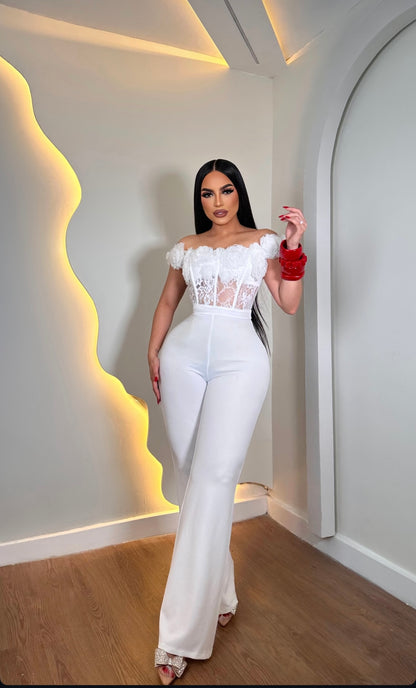 Rosette Lace Dream Floral Jumpsuit White
