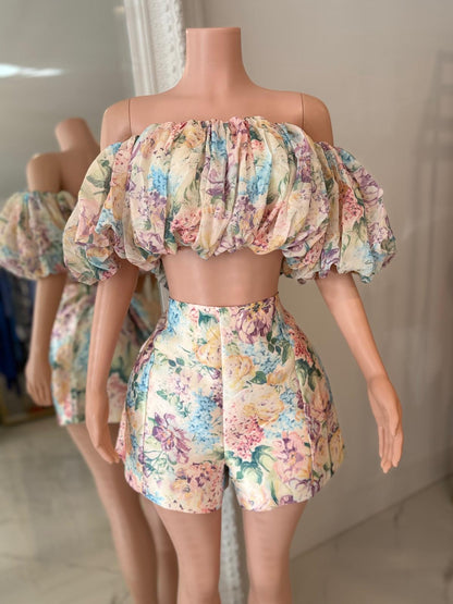 Ruffle Floral Short Set Purple