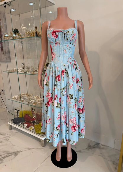 The Rosette Charm Floral Midi Dress Blue