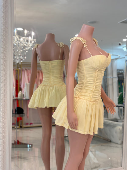 Royi Ruched Mesh Mini Dress Yellow
