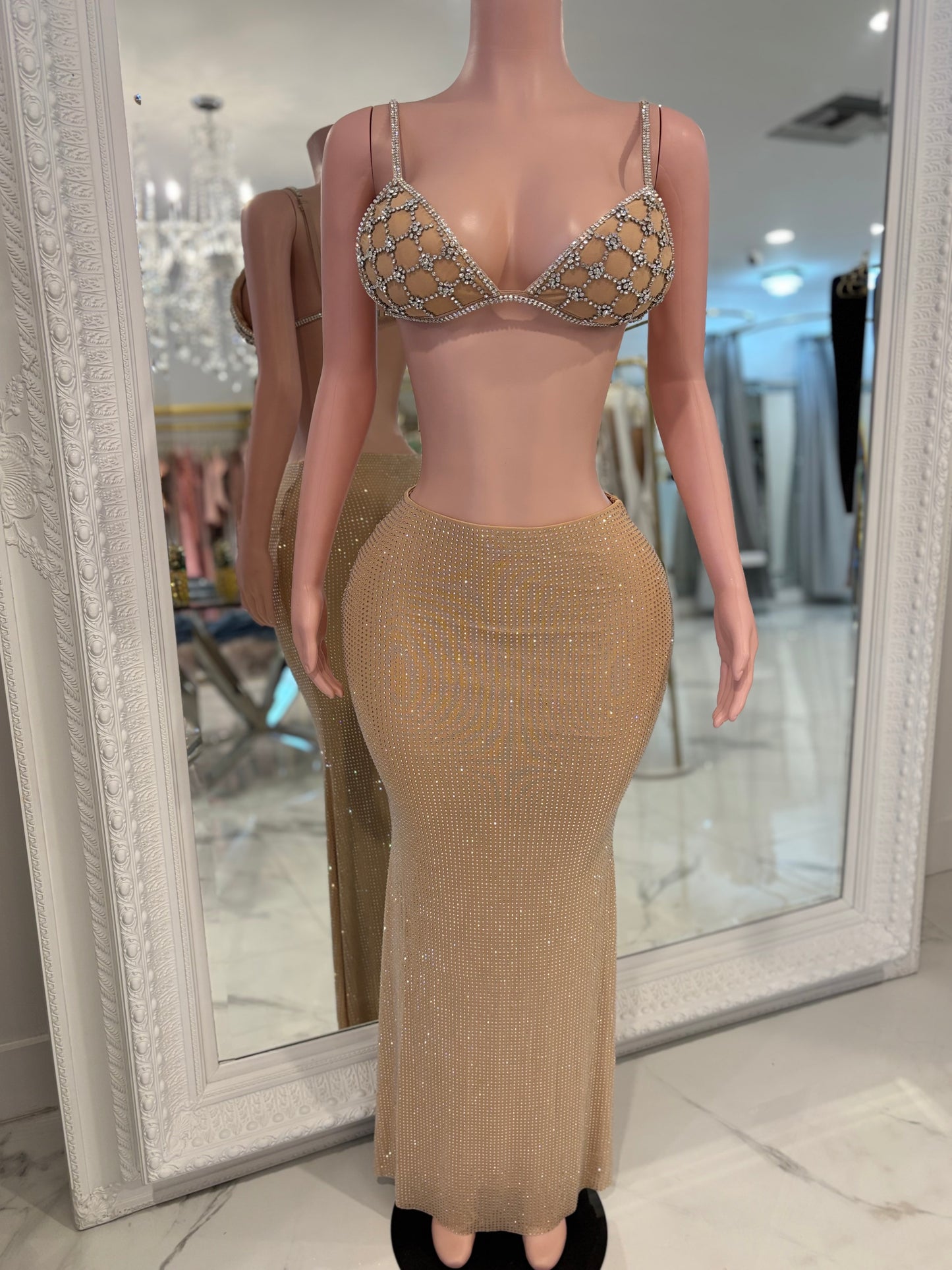 Lalo Rhinestone Skirt Set Nude