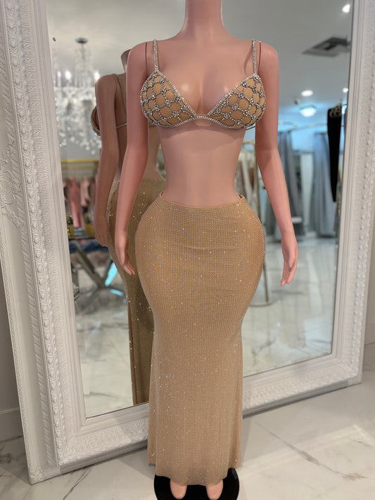 Lalo Rhinestone Skirt Set Nude