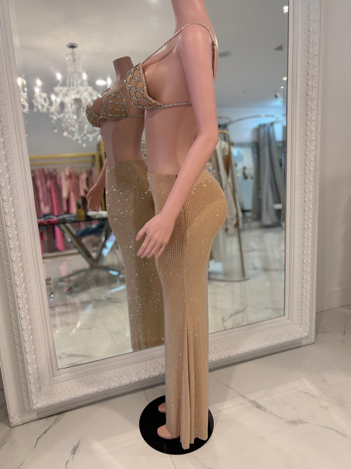 Lalo Rhinestone Skirt Set Nude