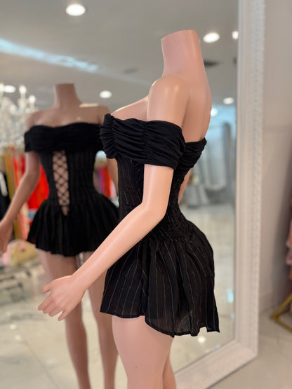After Hours Mesh Stripes Ruched Romper Black