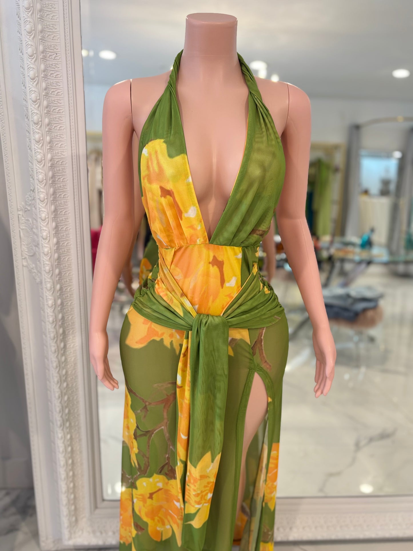 Bloomed Allure Floral Ruched Mesh Maxi Dress Green