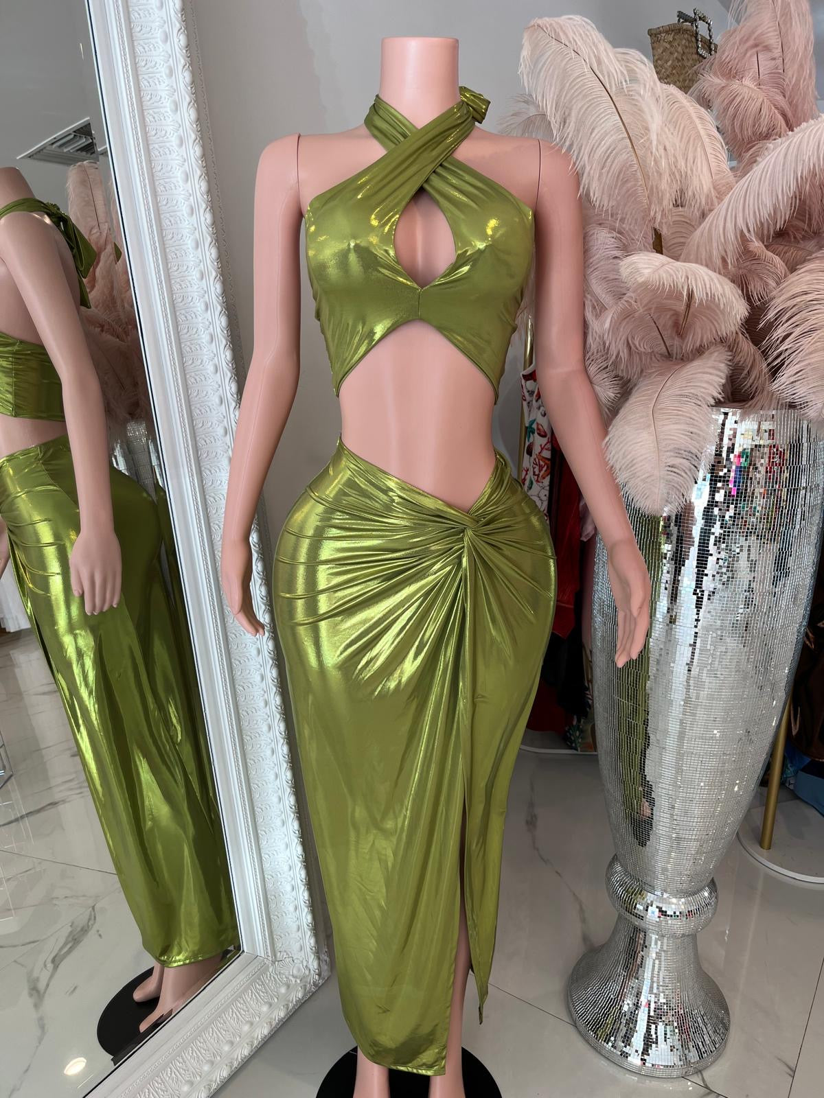 Metallic Skirt Set Green