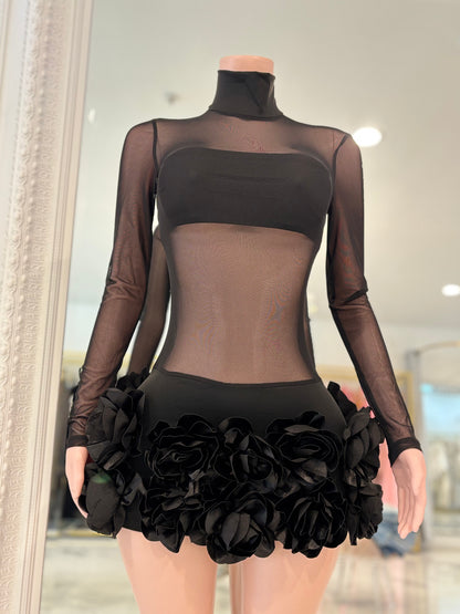 Bloom Veil Mesh Floral Mini Dress Black