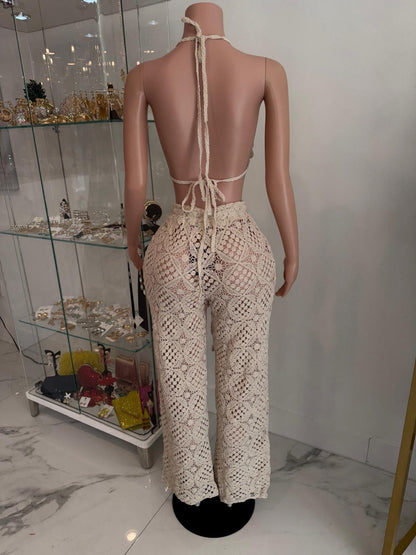 Coastal Dream Crochet Floral Pants Set Nude