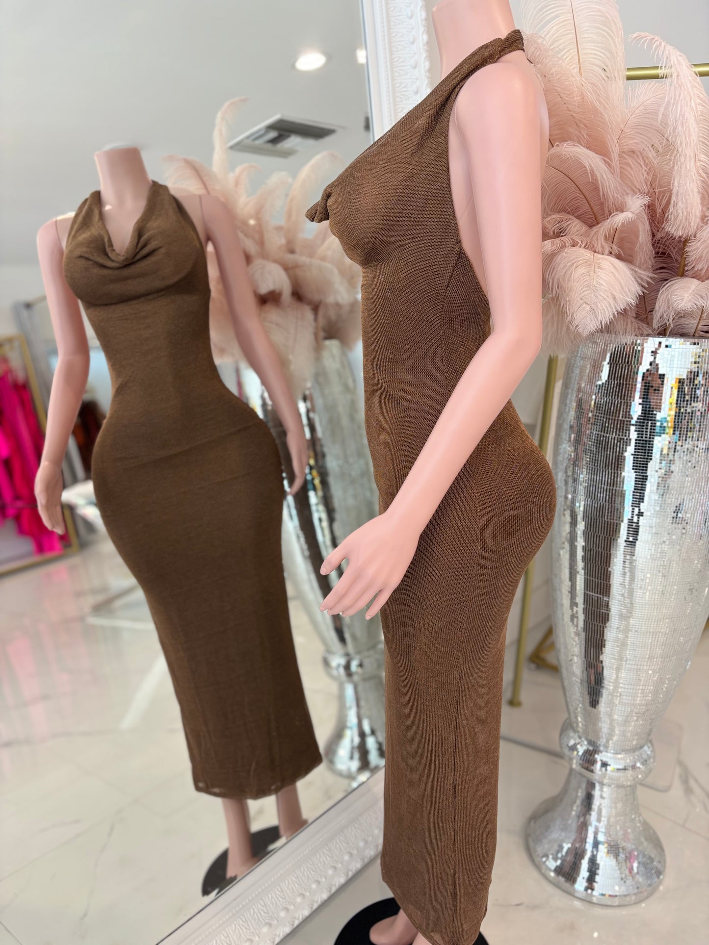 Voltage Curve Glitter Midi Dress Brown