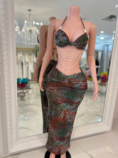 Jungle Mirage Pearl Mesh Ruched Skirt Set Green