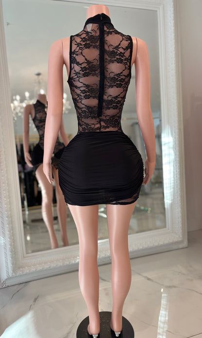 Glasshouse Muse Lace Ruched Mini Dress Black