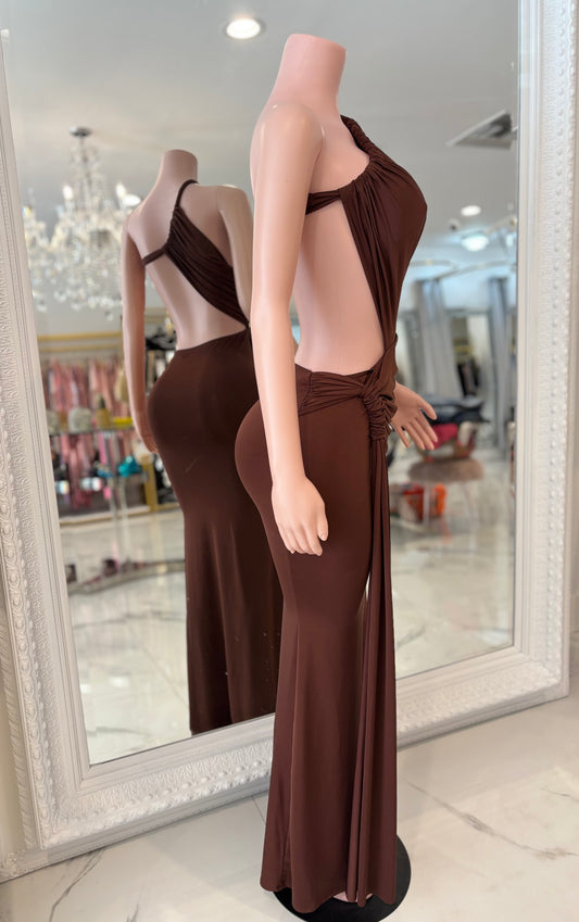 Glow Motion Ruched Maxi Dress Brown