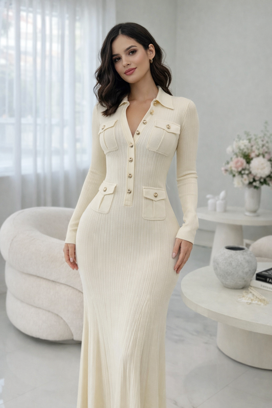 Refined Power Ribbed Maxi Dress Nude