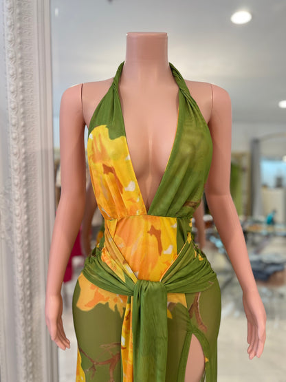 Bloomed Allure Floral Ruched Mesh Maxi Dress Green
