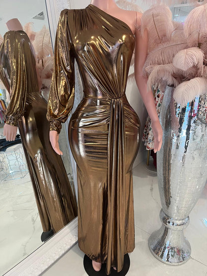 Gigi Glow Metallic Ruched Maxi Dress Gold Gigi Glow Metallic Ruched Maxi Dress Gold