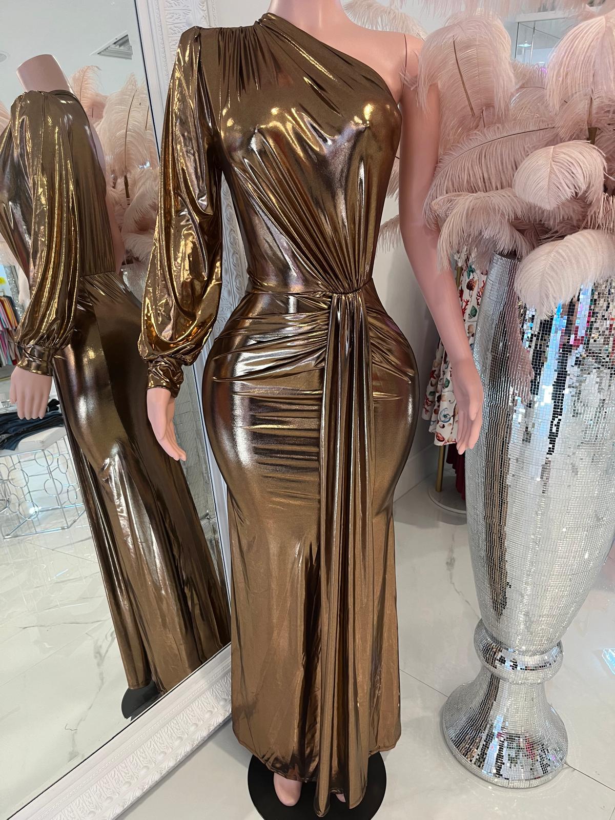 Gigi Glow Metallic Ruched Maxi Dress Gold