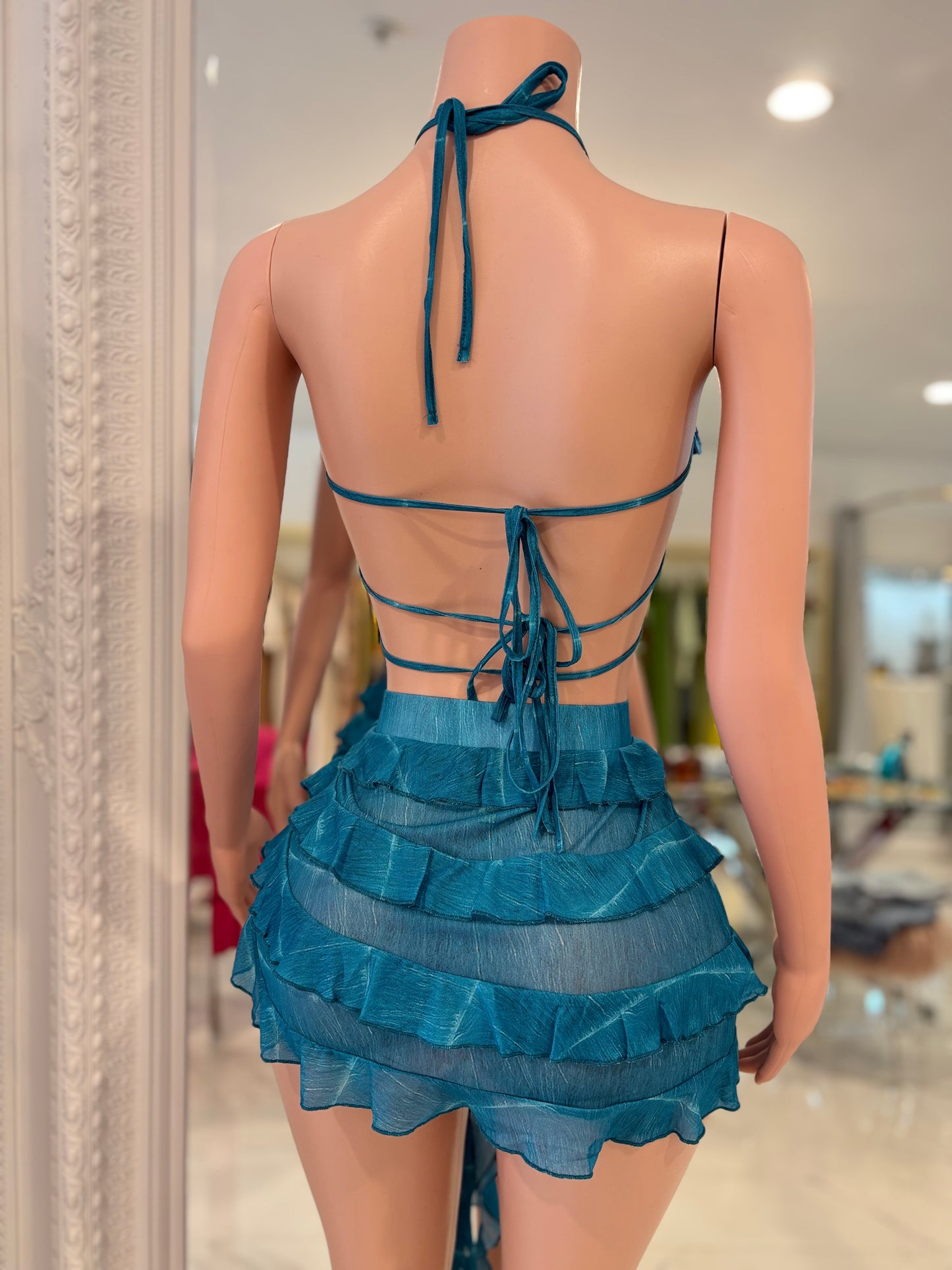 Starfish Daze Mesh Sequin Ruched Skirt Set Blue