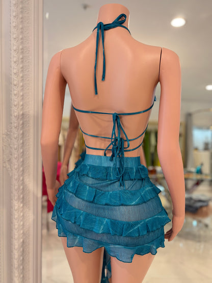 Starfish Daze Mesh Sequin Ruched Skirt Set Blue