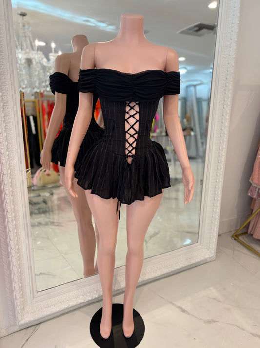 After Hours Mesh Stripes Ruched Romper Black