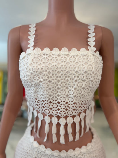 Tassel Crochet Skirt Set White