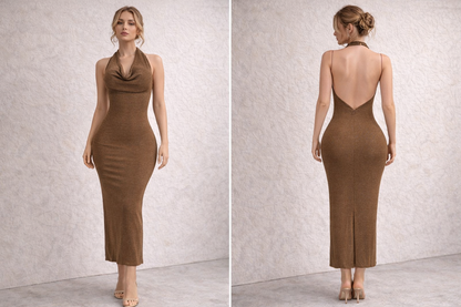 Voltage Curve Glitter Midi Dress Brown