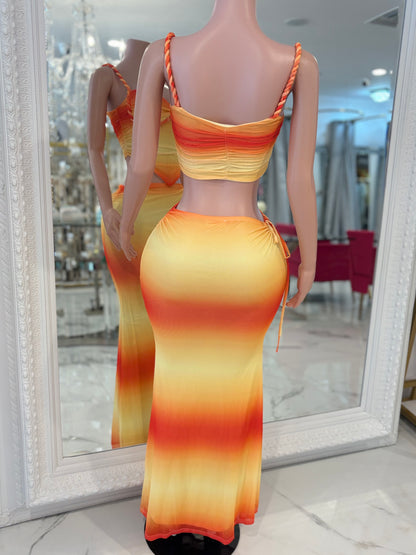 Tropic Twirl Mesh Ruched Skirt Set Orange