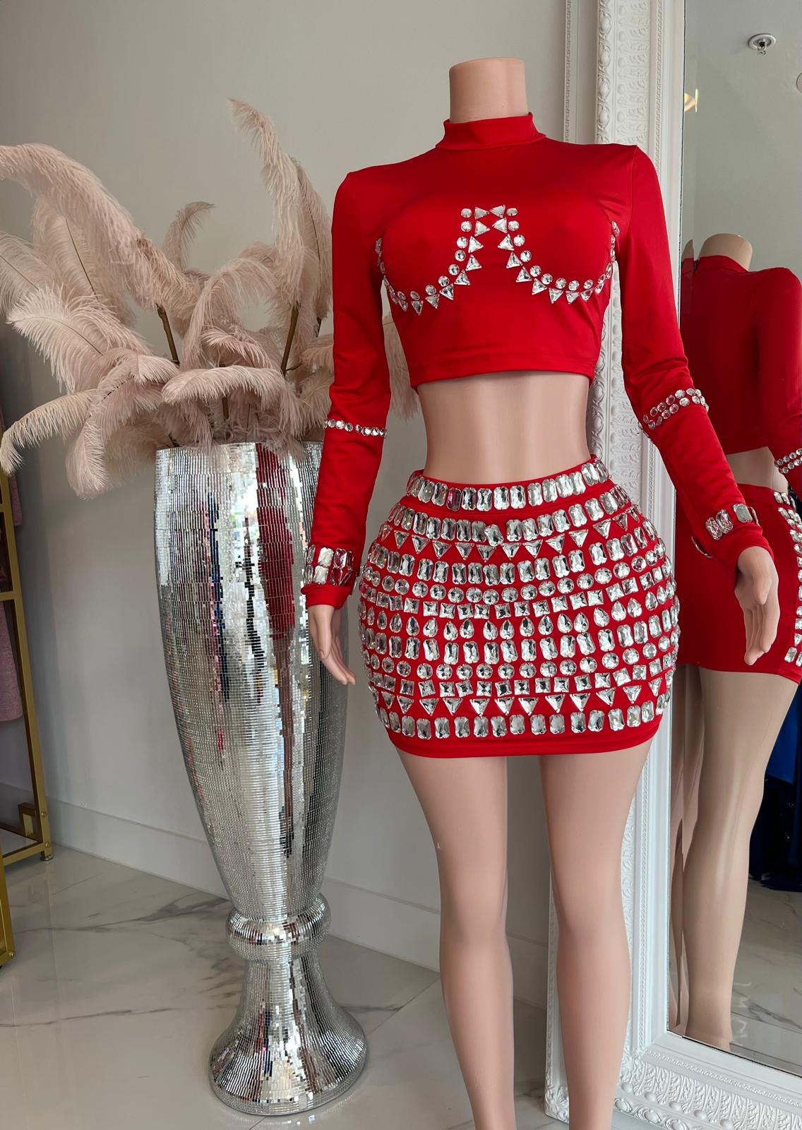 Rhinestones Skirt Set Red