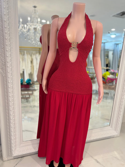 Sculpted Flame ruched Maxi Dress Red