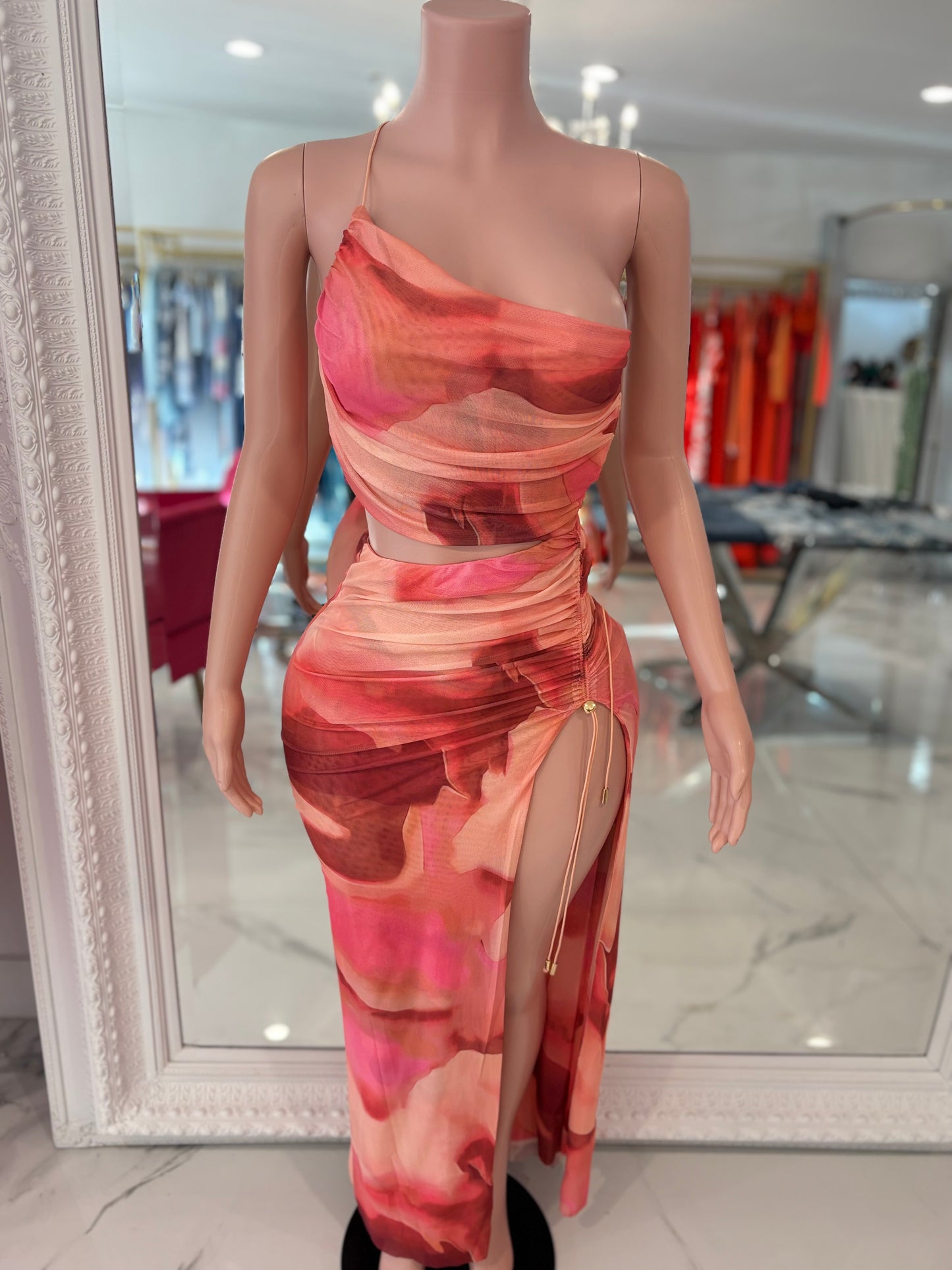 Ember Rush Mesh Ruched Maxi Dress Orange