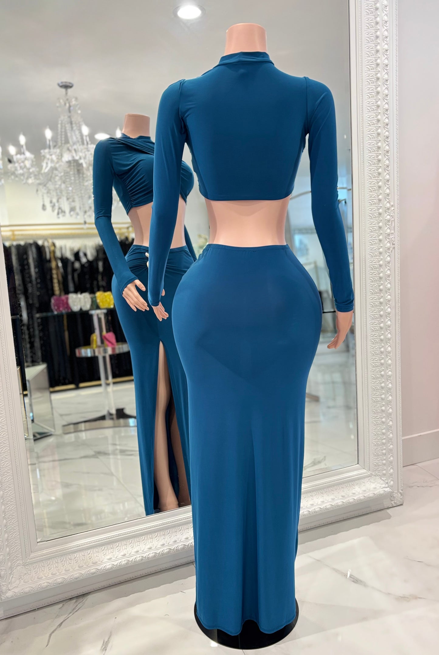 Velouris Drape Ruched Skirt Set Blue