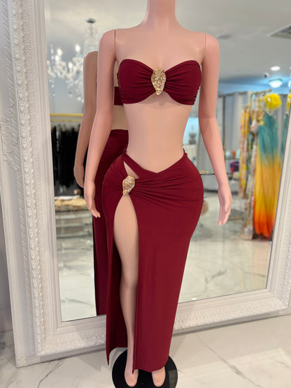 Rosette Mirage Ruched Skirt Set Red