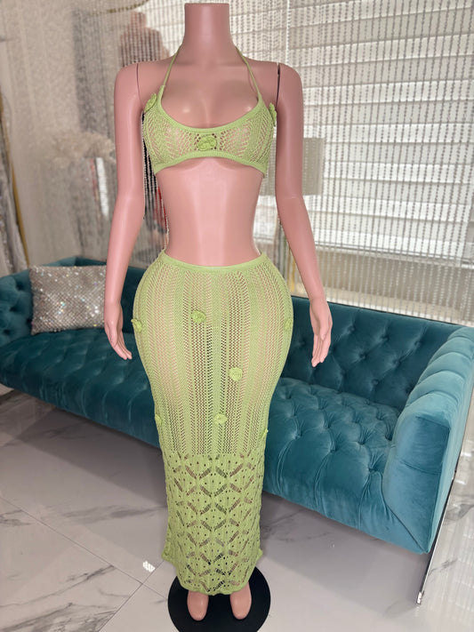 Rosé Knit Floral Crochet Skirt Set Green