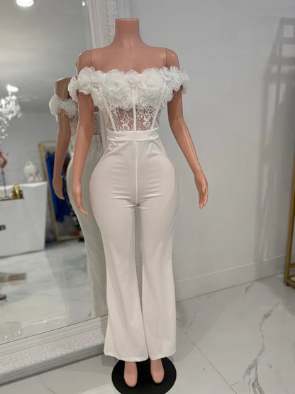 Rosette Lace Dream Floral Jumpsuit White