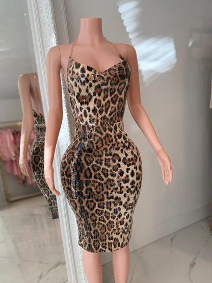 Sheni Chain Leopard Sequin Midi Dress Brown