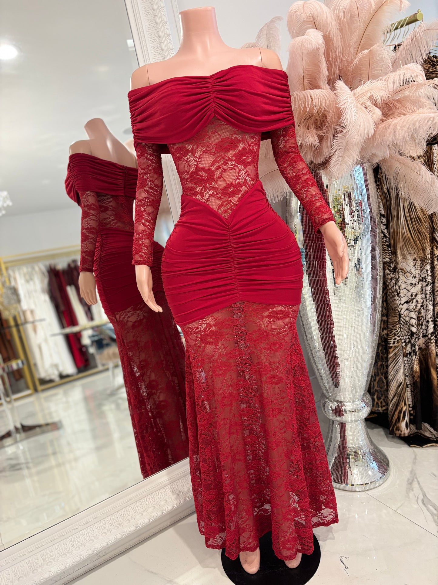 Mony Essence Lace Ruched Maxi Dress Red